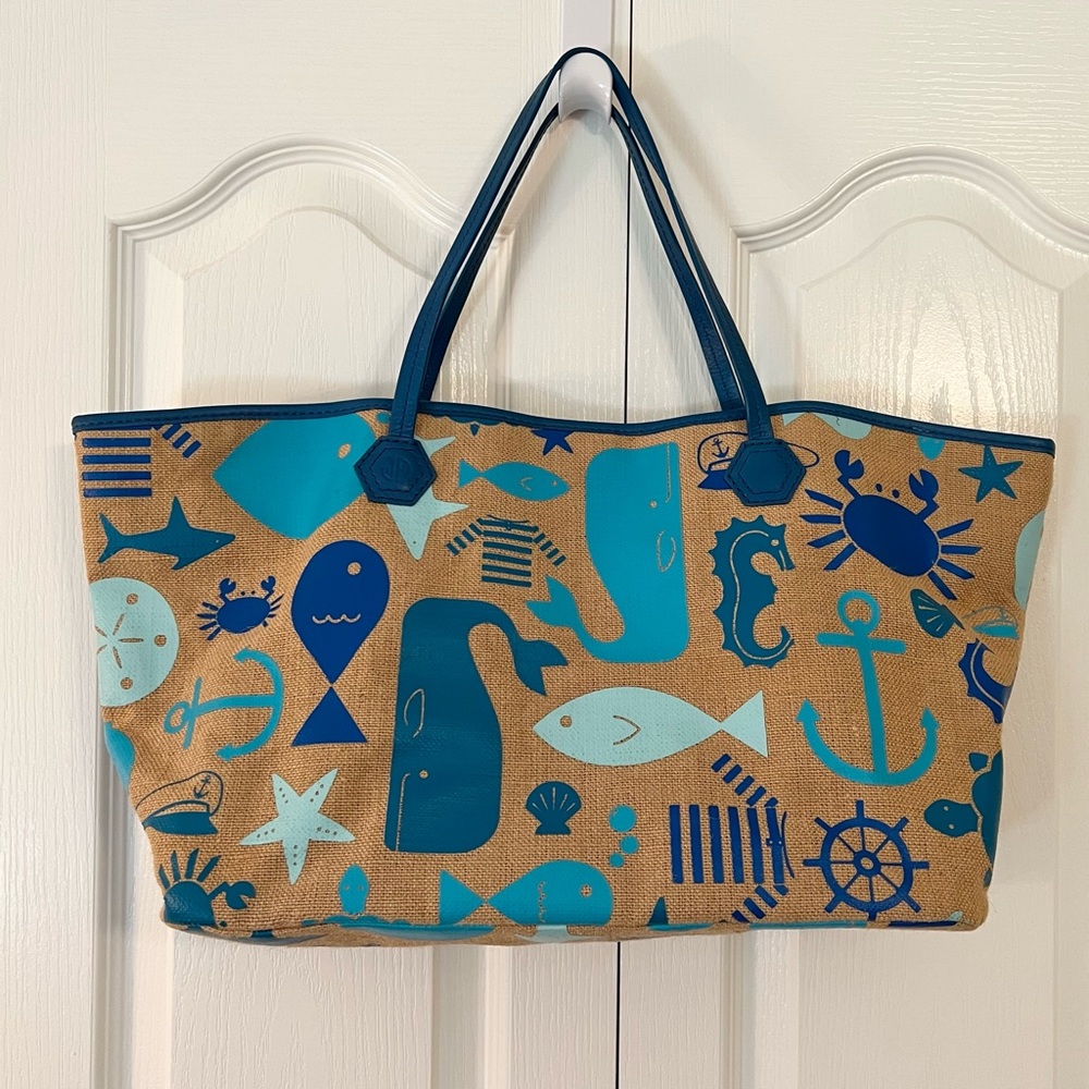 Jonathan Adler Duchess East West Tote in Blue Sealife • nautical fish bag EUC